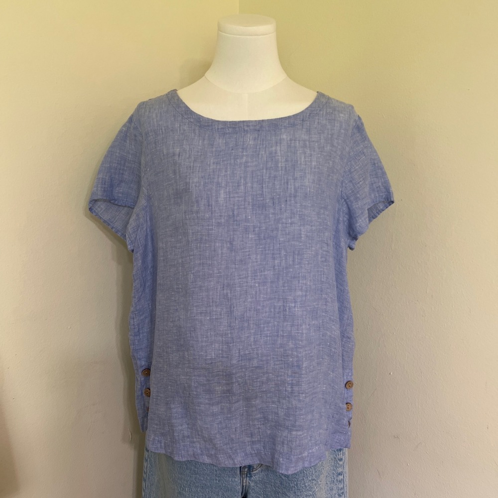 C&C California Women Blue 100% Linen Short Sleeve Side Button Top Size Large